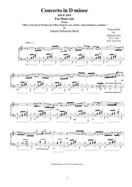 Bach - Oboe Concerto In D Minor BWV 1059 For Oboe And Piano - Score And Part